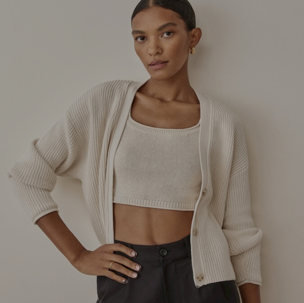 Reformation Cream Ribbed Cardigan & Tank Set